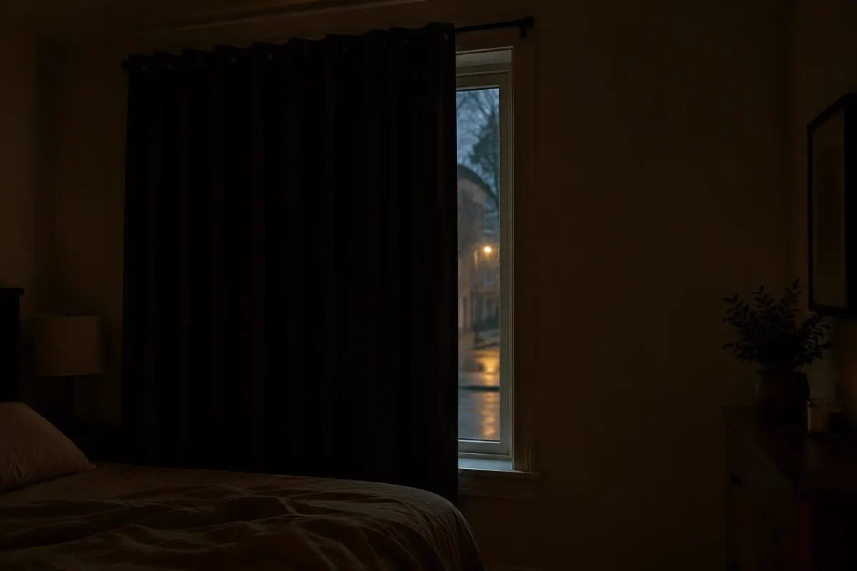 A dark bedroom window covered by a heavy blackout curtain on a rod with a sliver of street light at the edge