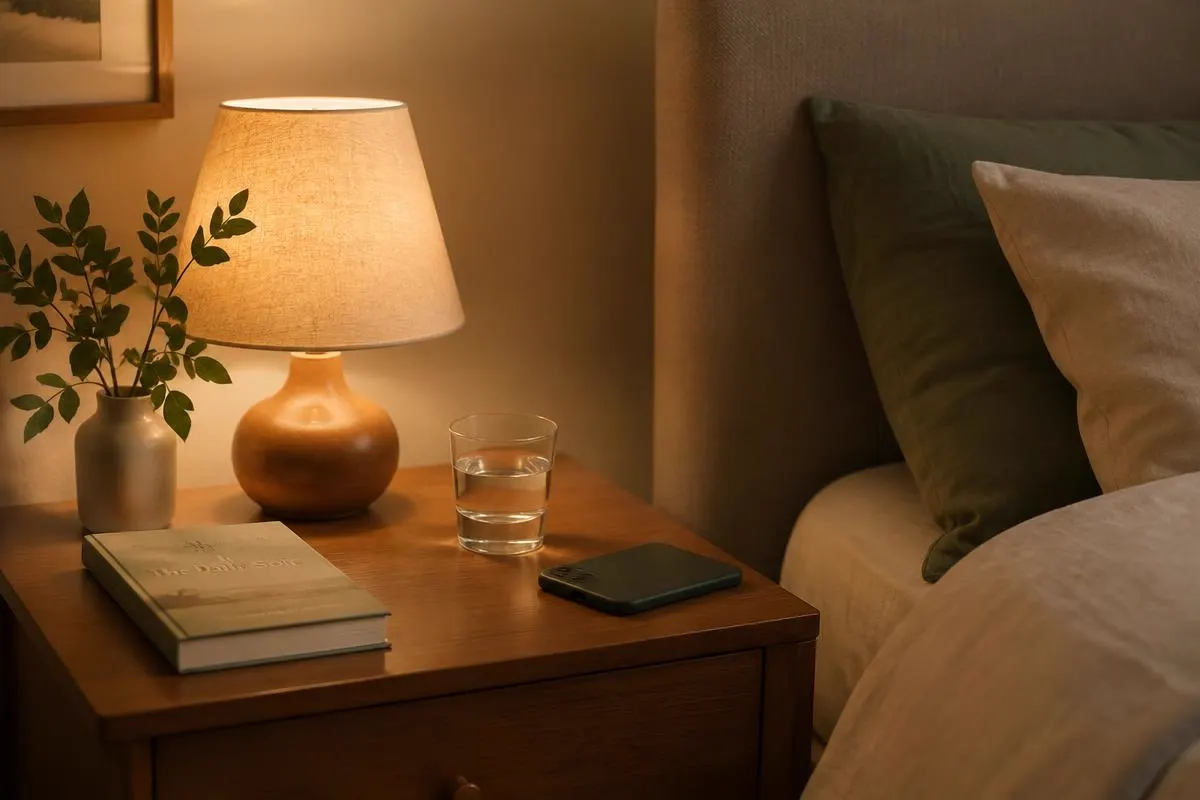 A tidy bedside table with a warm lamp, a book, a glass of water and a phone placed face down