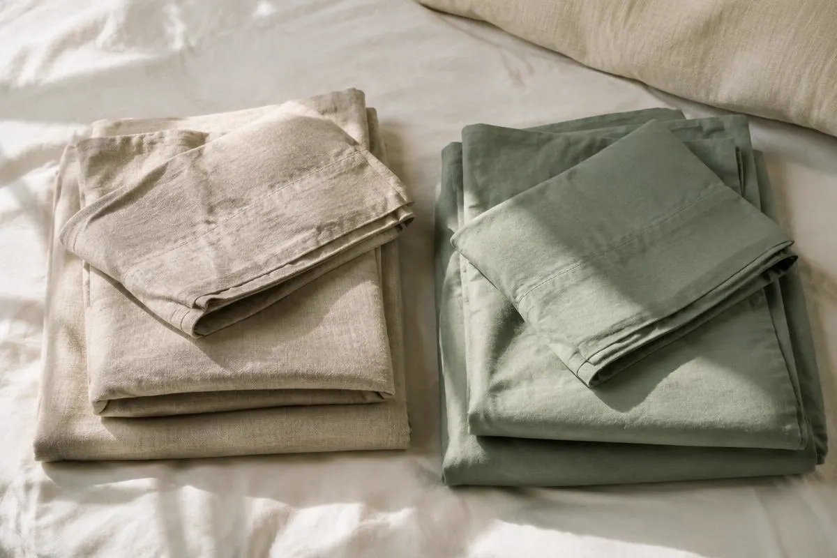 Folded oat-coloured linen sheets next to sage-green smooth sheets on a bed in summer light