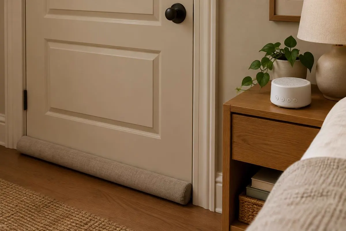A fabric draught stopper along the bottom of a bedroom door next to a white noise machine on a nightstand